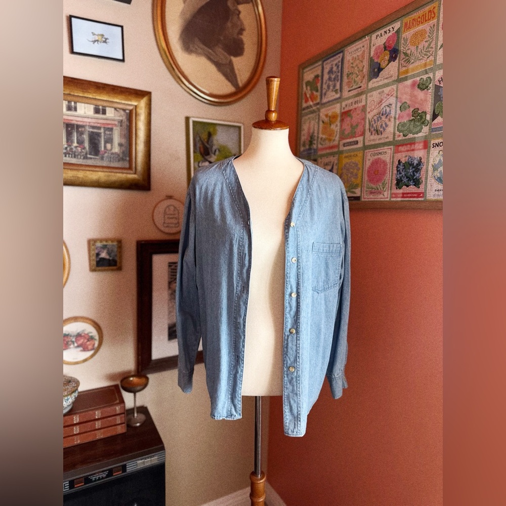 Vintage Chic: The Effortless Collarless Denim Shirt